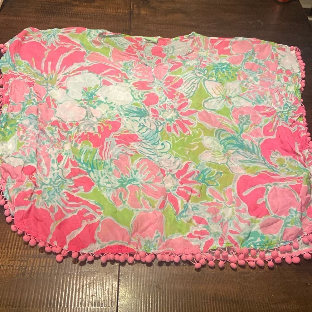 CLASSIC WHIMSY PINK AND GREEN POM POM TRIM COVER UP M/L LADIES